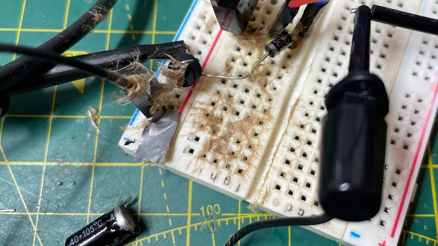 The aftermath of a capacitor explosion