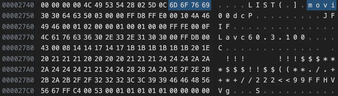 LIST - movi Hexdump