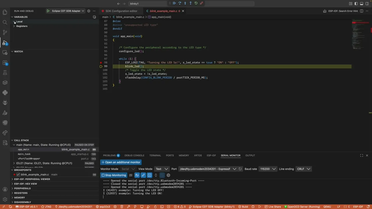 Stopped on a breakpoint inside blink_led()