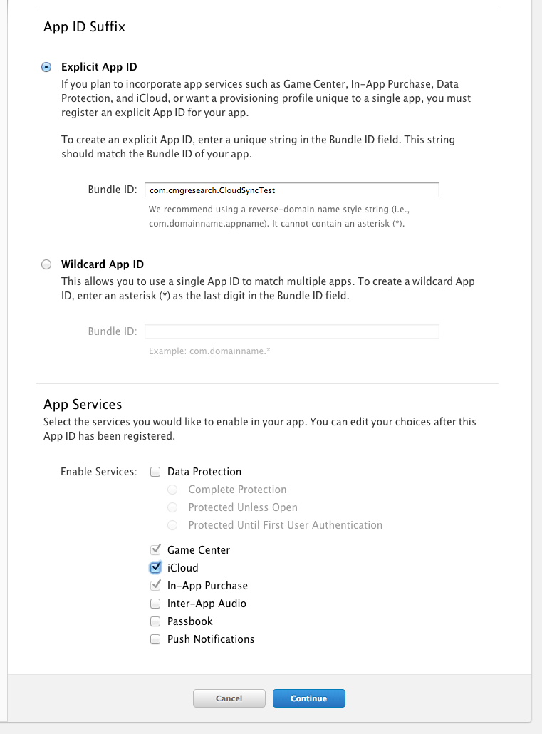 'Setup App ID for iCloud'