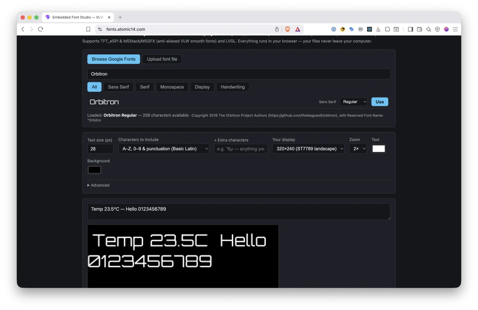 Embedded Font Studio showing a font previewed pixel-for-pixel on a simulated TFT display